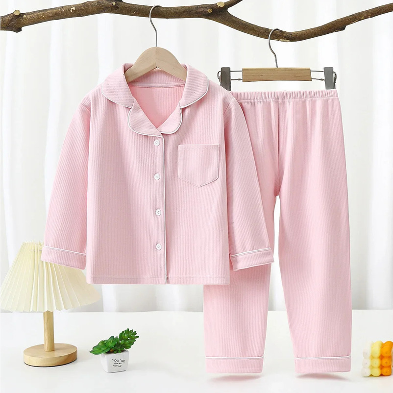 Unisex casual sleepwear set for children aged 1-16 boys long sleeved front pocket lapel toplong pants girls sleepwear set 241118