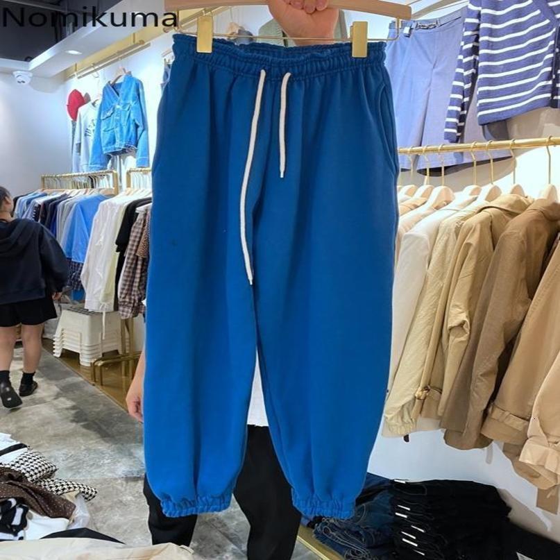 Nomikuma Spring Women Sweatpants Korean Drawstring Lace Up Stretch High Waist Long Trousers Causal Solid Harem Pants 6E050 210427