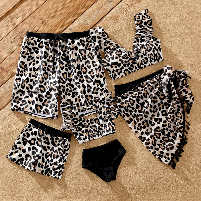 Family Matching Leopard Pattern Drawstring Swim Trunks or Ruffle Neck Two-Piece Bikini with Optional Cover Up Sarong Skirt 250319
