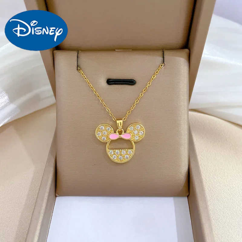 Disney Stainless Steel Cartoon Pink Bowknot Minnie Mouse Necklace for Women Girls Lovely Cute Accessories Cosplay Gifts for Kids H250925