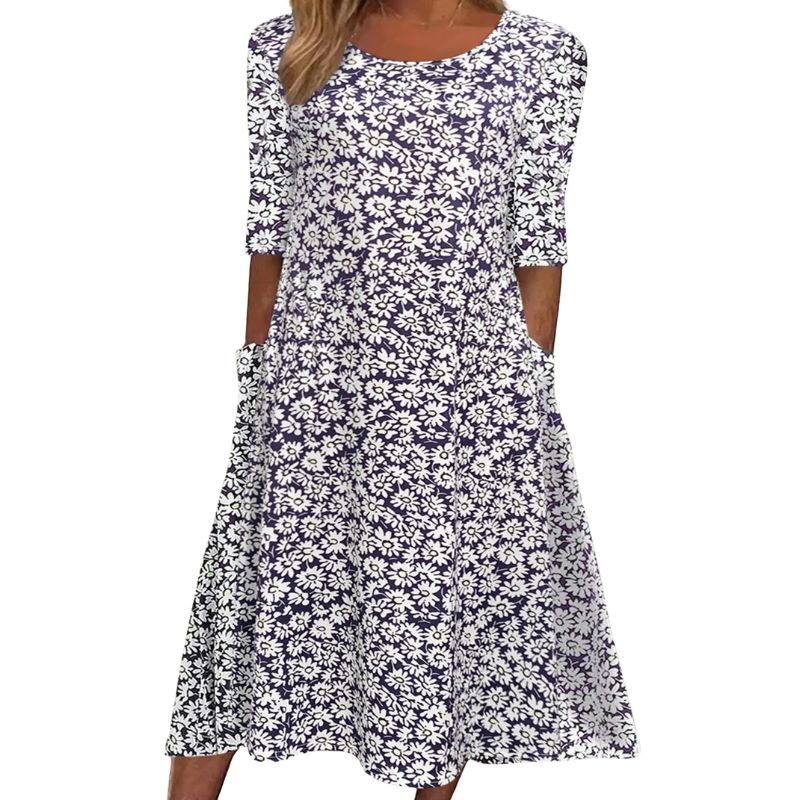 Women's Autumn New Floral Printed Midi Dress Milk Silk Casual Versatile Half - Sleeve Dress-YL25258