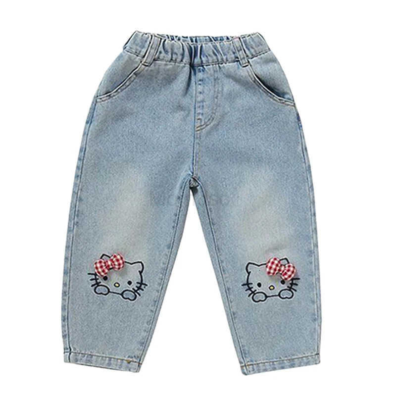 Sanrio Spring Autumn Children Cartoon Hello Kitty Denim Pants Baby Girls Loose Straight Jeans Kids Fashion Casual Trousers for 26Years L250925