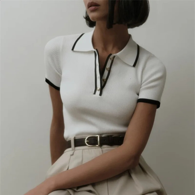 Talenza Womens Knitted Pullover Fashion Short Sleeve Patchwork Sweater Top Elegant Slim Contrast Lapel 240730