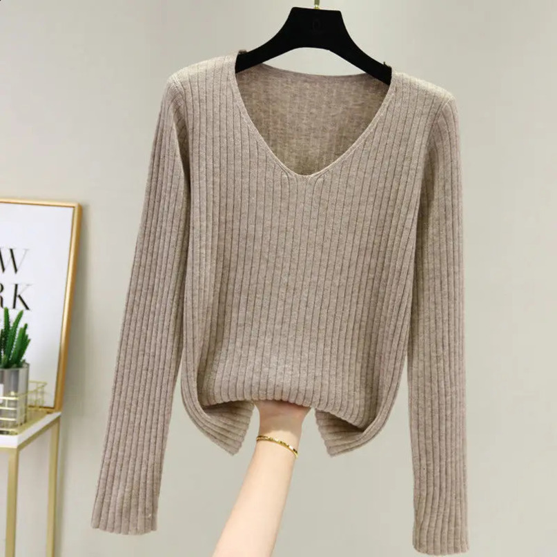 Korean Fashion Women Solid Slim Vneck Sweater Spring Autumn Versatile Bottoming Casual Long Sleeve Basic Knitted Pullovers Tops 240730