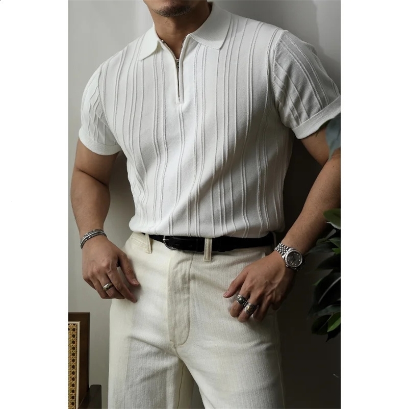 Summer mens solid zipper knitted polo shirt street clothing mens clothing lapel slim fit basic business casual short sleeved top 241203