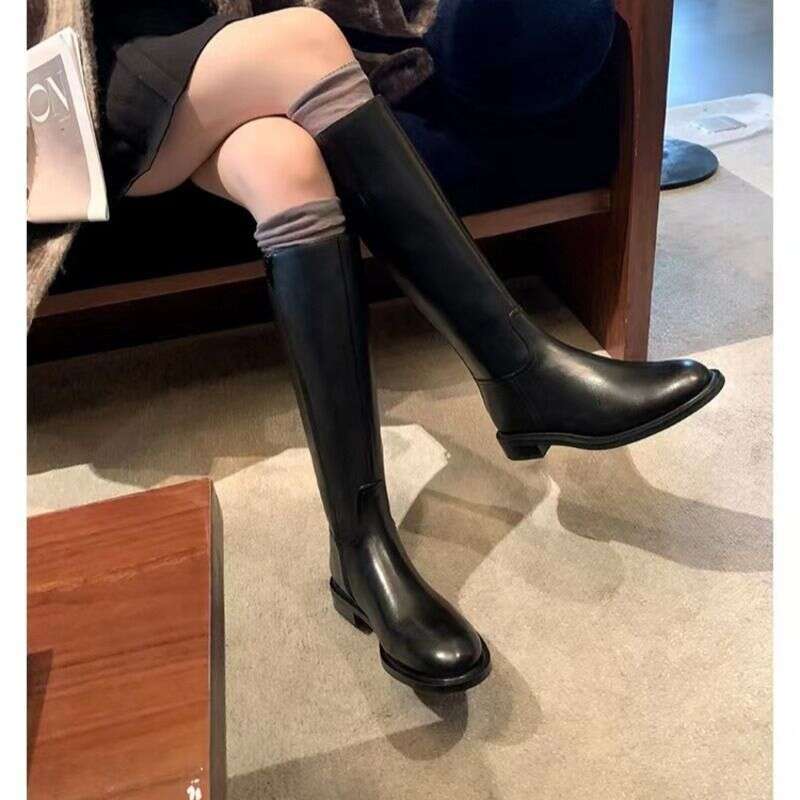 Hot Selg High-End Minimalist Round Toe Low Heel Side Zipper Fashionable Women's Exquisite High-Quality Long Leg Knight