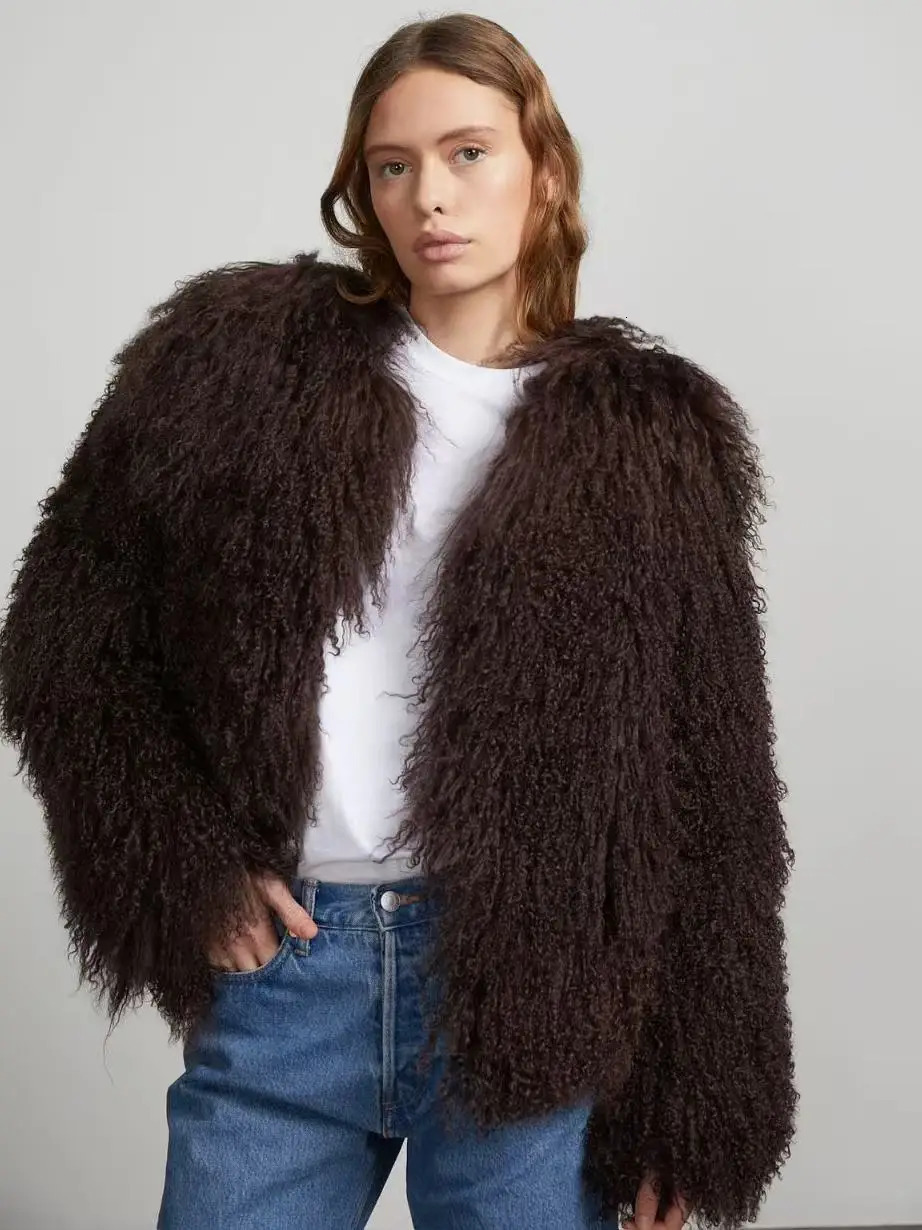 Mongolian fur coat fur jacket womens elegant fluffy solid color thickened thermal long sleeve coat winter fashion oversized lad 250916Z