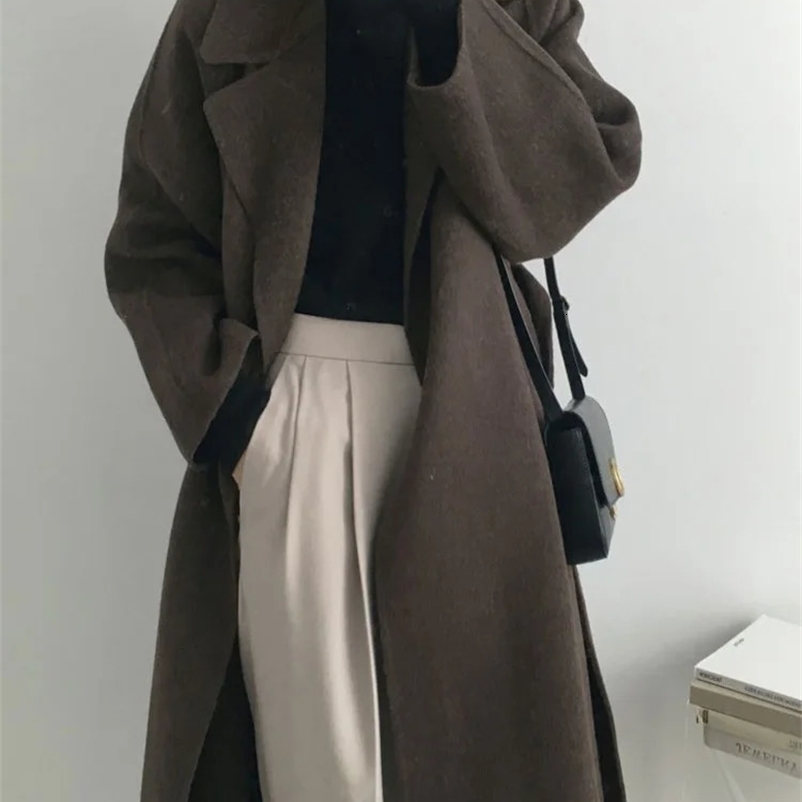 JXMYY French Lazy Style Warm Womens Fresh Winter Classic Belt Retro Loose Womens Wool Coat Fashion Casual Long Coat 241007