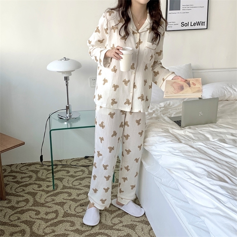Women's Sleepwear 100% cotton kawaii funny bear cartoon homewear women men couple pajama set long sleeve spring autumn sleepwear suit Y953 230227