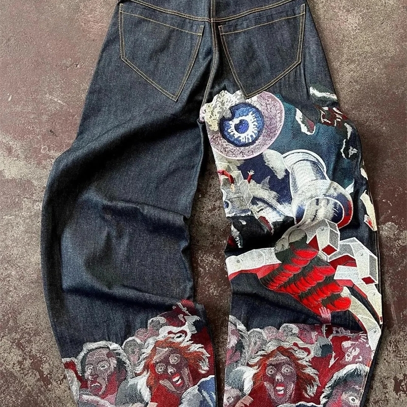 Street jeans Y2K Harajuku Gothic retro hip-hop embroidered pocket jeans mens and womens high waist wide leg mens jeans 241231