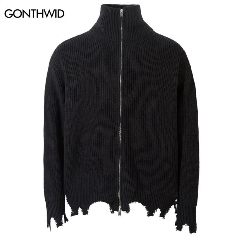 Hip hop sweater jacket pleated full zipper knit solid plain skydiving cardigan woolen Harajuku punk gothic top black 240826