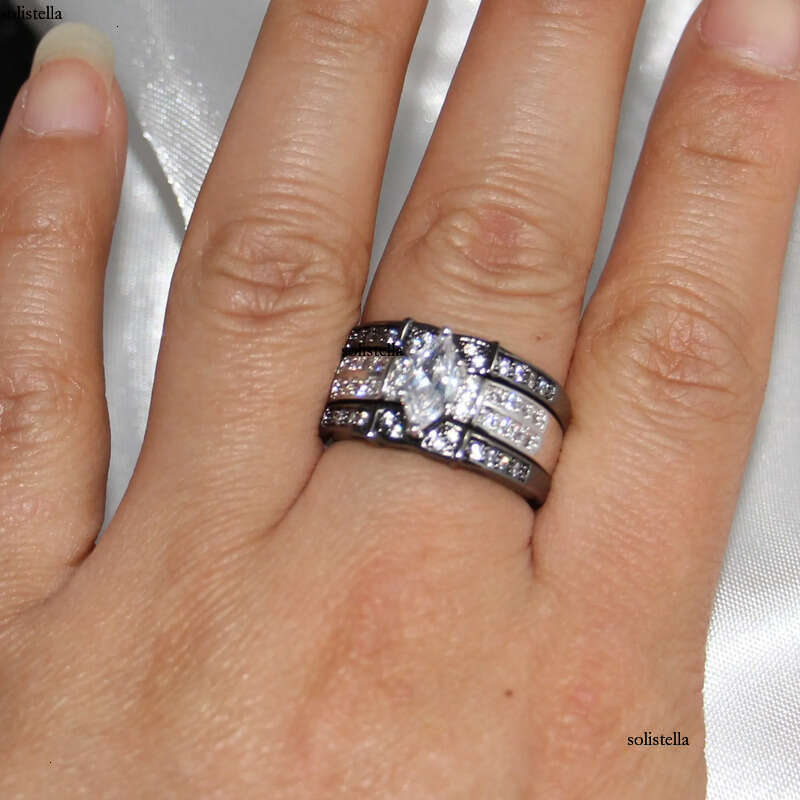 Vintage Fashion Jewelry High Quality 14KT White&Black Gold Filled Marquise CZ Dia Topaz Gemstones 3 IN 1 Wedding Couple Ring Set Gift