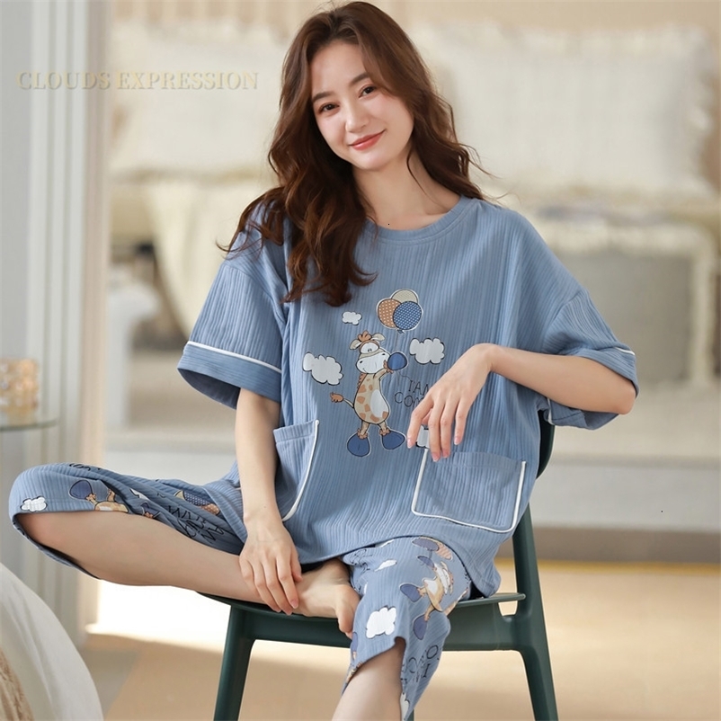 Women's Sleepwear Summer Knitted Cotton Clouds Printing Two Piece Short Sleeved Women Pajamas Sets Pyjamas Ladies Sleepwear Cute Cartoon Pijamas 