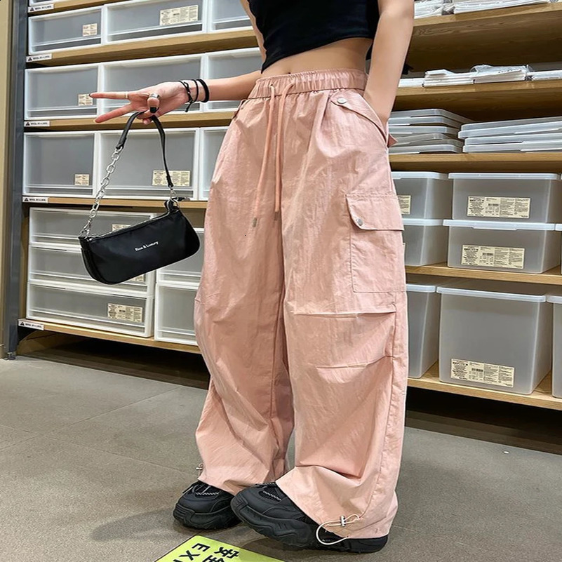 Street Clothing Parachute Cargo Pants Womens Y2K High Waist Loose Solid Pocket Wide Leg Pants 250427