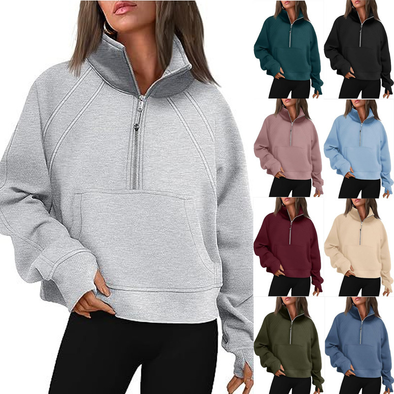 2024 Autumn Winter Women's New Half-Zip Short Stand Collar Fleece Lined Solid Color Sweatshirt