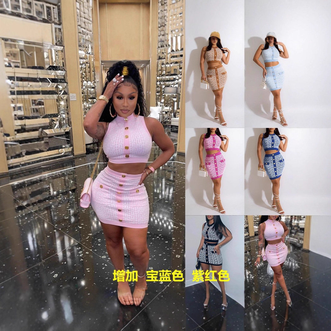 Fashion Women's Clothing Round Neck Sleeveless Waist-Exposing Short Skirt Geometric Pattern Wool Two-Piece Set