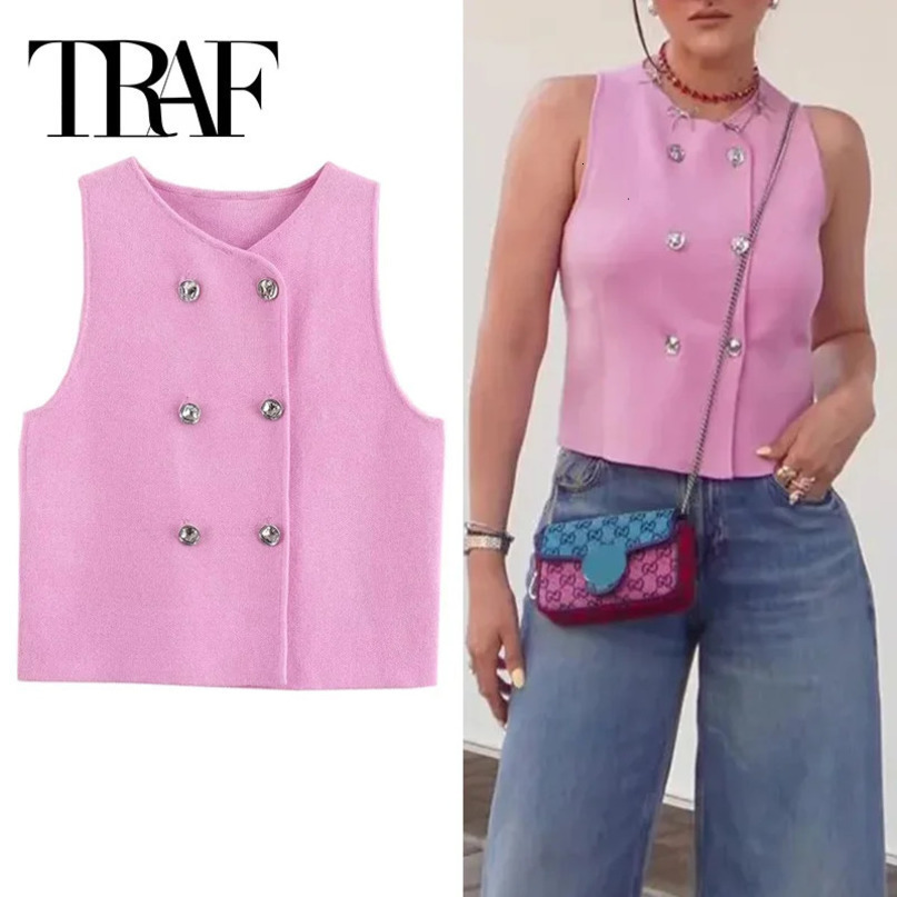 TRAF Knit Sleeveless Vest Woman Fashion Pink Knitted Cropped Female Double Breasted Summer Top In Short Coats 250226