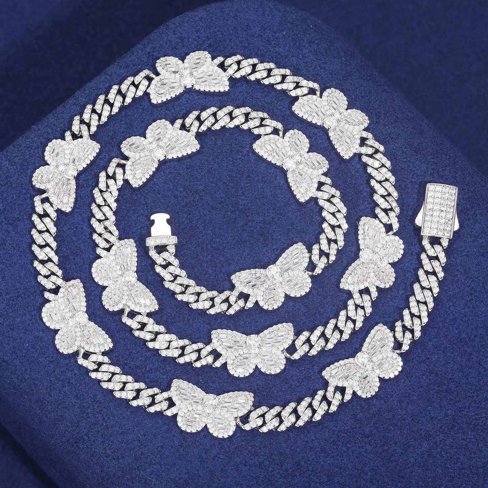 Hip Hop Baguette Butterfly Necklace 11mm 925 Silver VVS Moissanite Diamond Women Jewelry Iced Out Fashion Cuban Link Chain