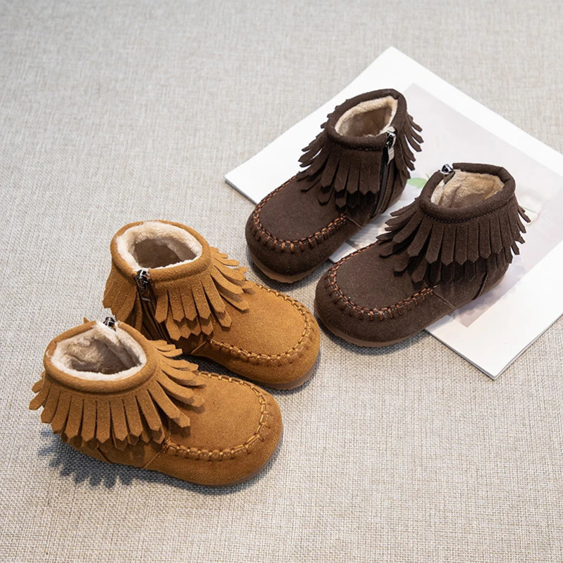Girls Princess Boots Fashion Kids Ankle Boots Flock Fabric Warm Thick Fur with Side Zipper Tassels Autumn Winter 241219