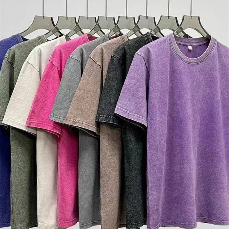 Summer mens washed T-shirt 230G heavy cotton vintage faded oversized unisex basic T-shirt short sleeved loose sports top 250317