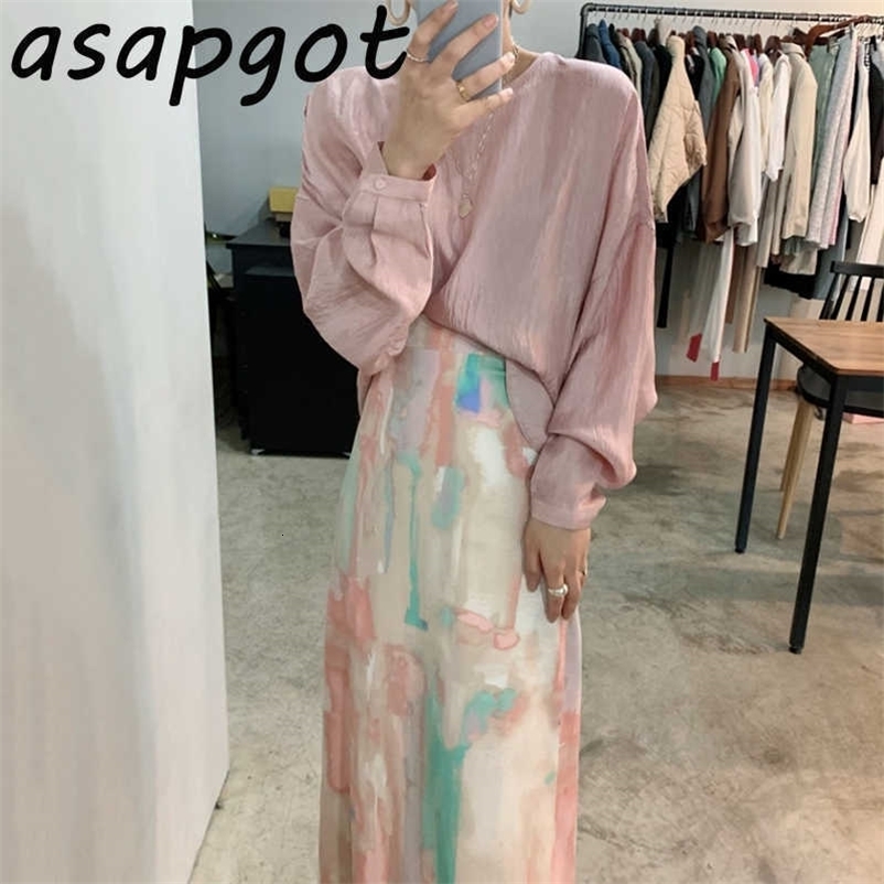 Gentle O Neck Thin Pleated Puff Long Sleeve Blouse Autumn Slim High Waist Color Graffiti Skirt Fashion Retro Office Lady 210708
