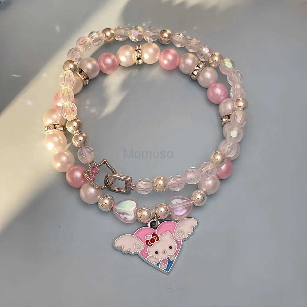 Sanrio 2Pcs Anime Bracelet Set Y2K Hello Kitty Kawaii Cartoon Crystal Beads Bangle Jewelry Gift For Girls Student Accessory L250925