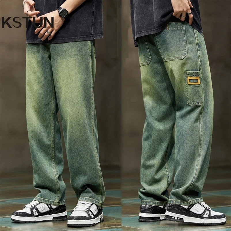 Mens pants wide legs summer straight loose fit retro blue denim pants streetwear fashionable pockets retro mens clothing 241203