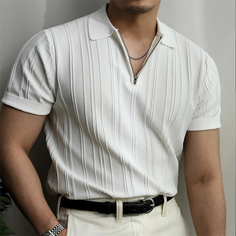 Mens casual zipper polo shirt solid color texture lapel breathable retro street light Korean pop Knitwear M-3XL 241203