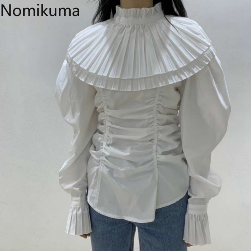Nomikuma Autumn New Women Blouse Korean Pleated Turn-down Collar Blusas Femme Slim Long Sleeve Shirts 6D215 210427
