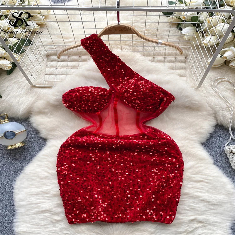 SINGREENY Autumn Bodycon sexy dress fashion mesh sequin diagonal neckline sleeveless womens transparent Midi dress 250427