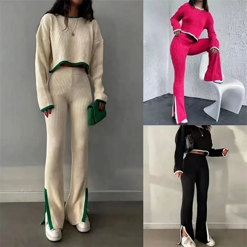 Womens sports shirt Flare Pants set casual zipper winter knitted long sleeved elegant sexy top autumn elastic sports pants 241217