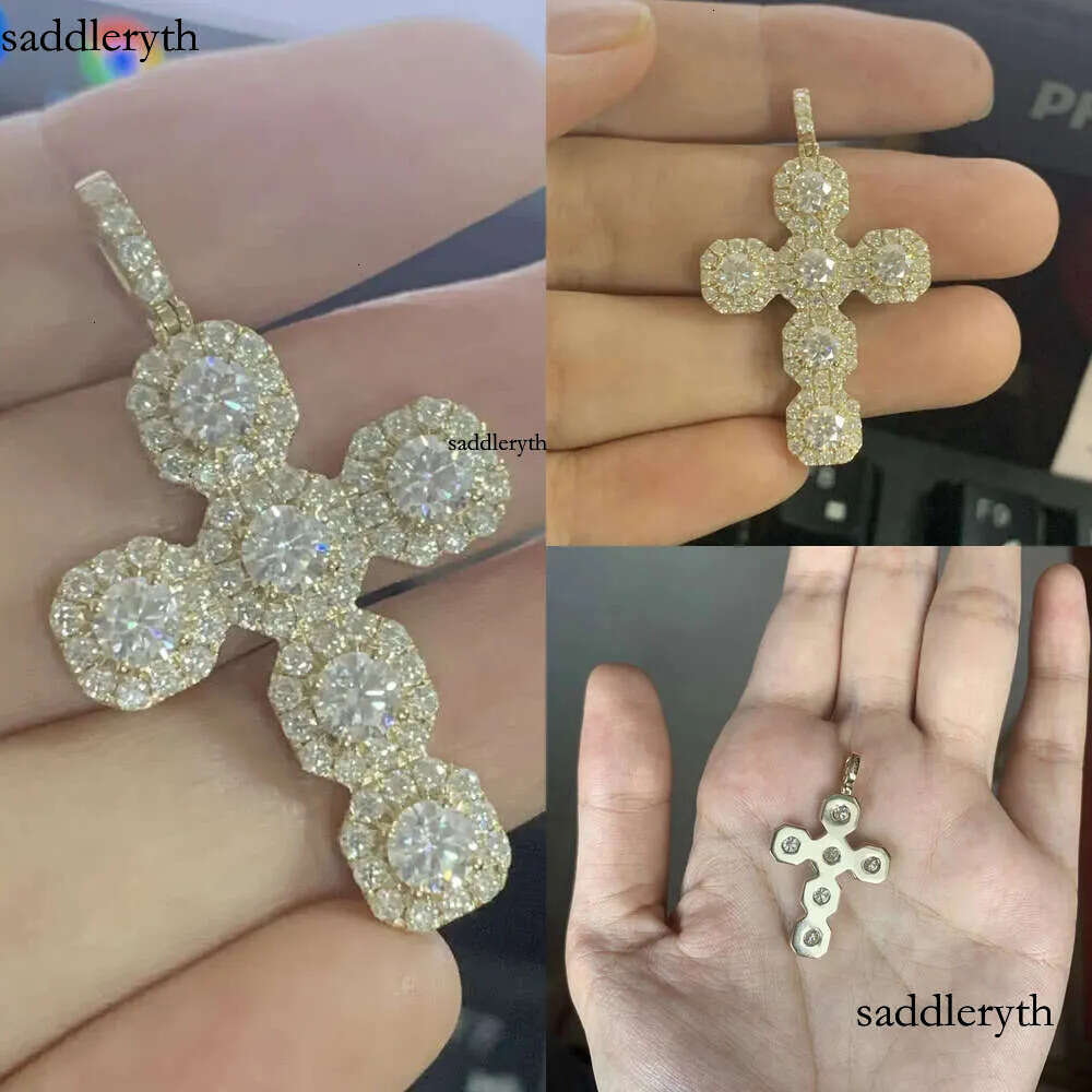 New Design 4mm 5mm 6mm Moissanite Dia Halo Hip Hop Cuban Cross Pendant for Tennis Chain Jewelry 1f