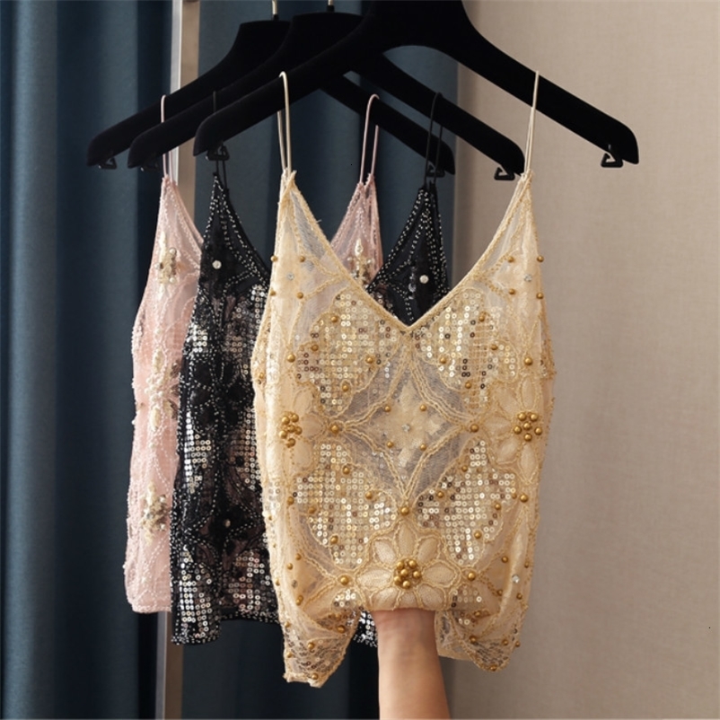 Camisoles Tanks Sexy Hollow Out Women Lace Camis Bead Work Women Tanks Tops Bling Gold Sequins Camis 230421