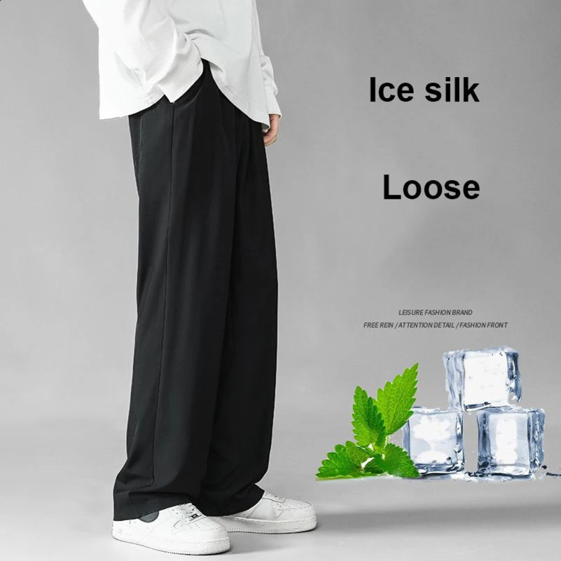Mens ice silk wide leg pants thin mens black comfortable quick drying pants summer loose casual street loose pants 250427