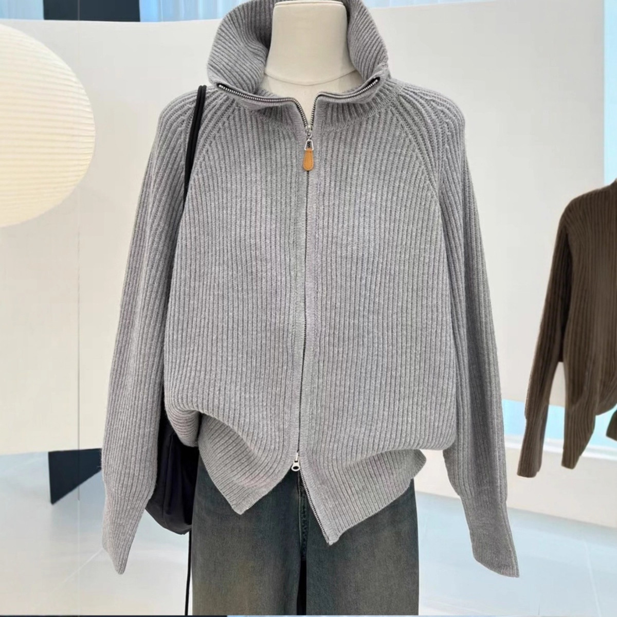 New Women's Knitted Double Zipper Jacket Thickened Lazy Cardigan for Women