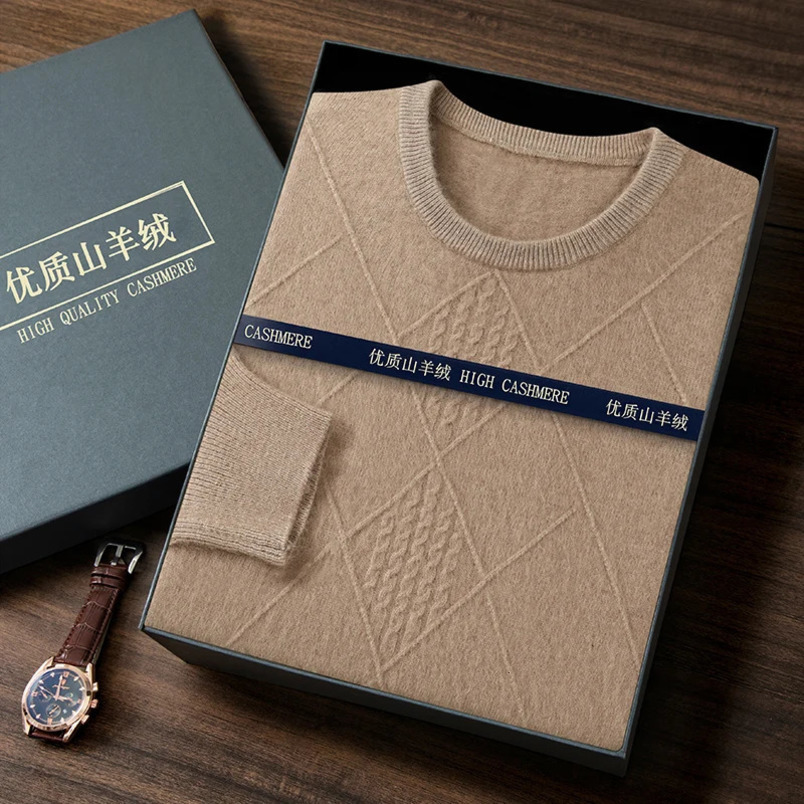 Mens cashmere sweater loose and thick jacquard round neck autumn item solid color knitting with floral pattern business and leisure 240930