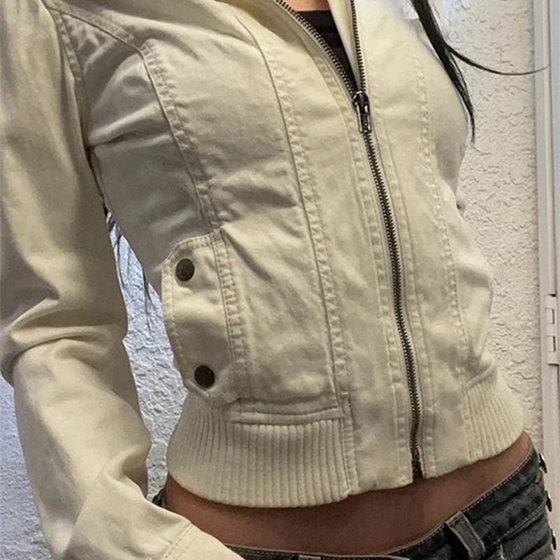 Y2k Vintage Cropped Jackets For Women Casual Long Sleeve Stand Neck Zipper Coat Spring Harajuku Slim Cool Girl Outwears 250118
