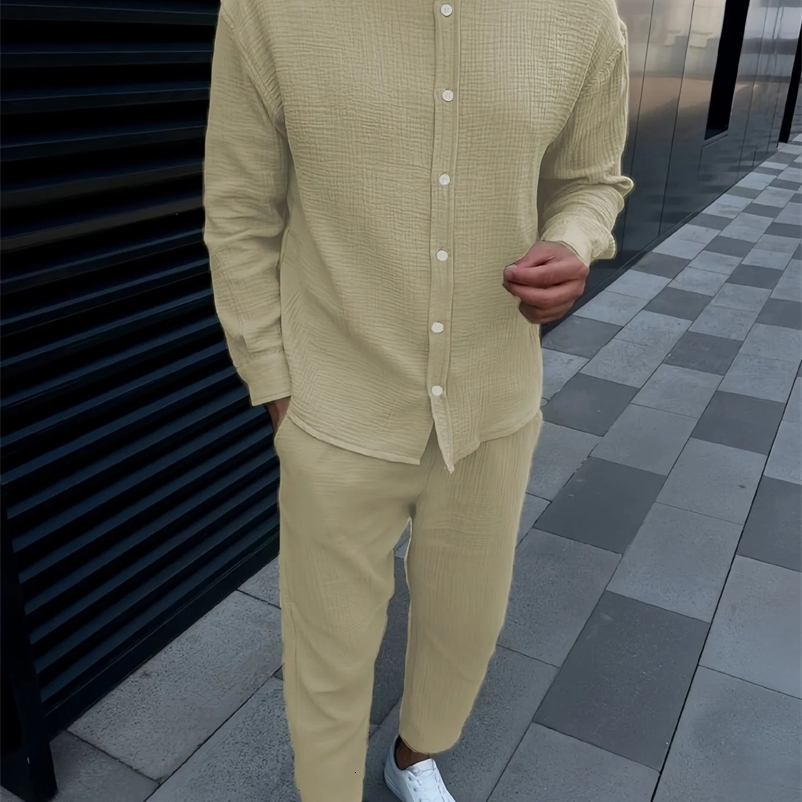 Autumn mens cotton long sleeved shirt set ultra solid color single breasted round neck set 250422