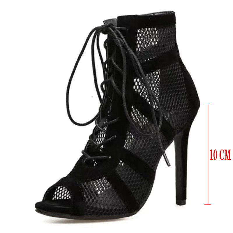 Summer Roman Lace Up Shoes Women Sandals Sexy Mesh CutOuts Pointed Toe High Heels Woman Black Kid Suede Ladies Long Short Boots 250904