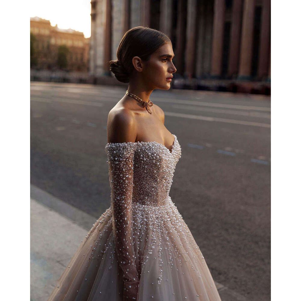Vintage Long Sleeve Wedding Gowns Off Shoulder Pearls Bridal Dress Sequins Custom Made Beaded Sweep Train Vestido De Novia BC19526 9P25