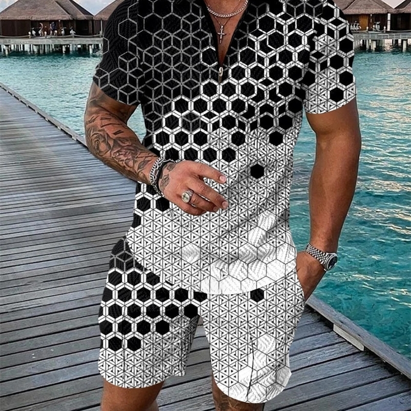 Abstract 3D Printed Polo Shirt and Shorts Set for Mens Fashion Tracking Clothing Ultra Thin Short Sleeve Shirt and Pants Set for Mens Clothing 240930