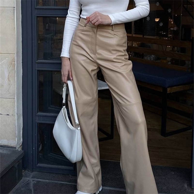 Women's Pants Capris Autumn Winter Leather Trousers Green Loose Oversized High Waist Black Straight Wide Pu Faux for Women 221109