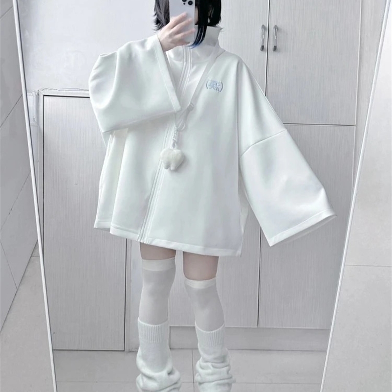 Spring Japanese casual solid hooded womens loose Y2k aesthetic over embroidered outerwear Harajuku zipper pleated sweatshirt 250422