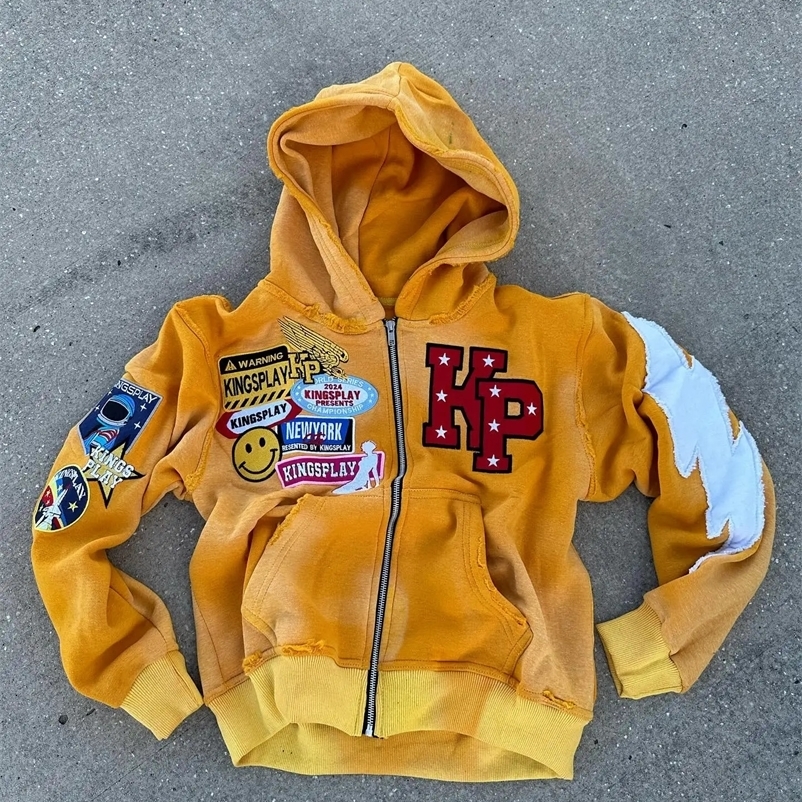 Y2k Fashion Retro Punk Trendy Zipper Hoodie Mens American Street Harajuku Hip hop Letter Embroidered Oversized Sweatshirt 241231
