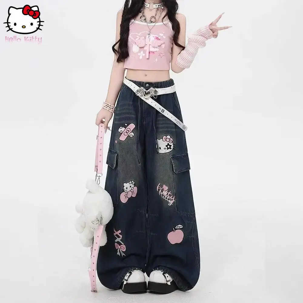 Sanrio Y2K Hello Kitty Loose Anime Wide Leg Pants Cute American Straight Leg Pants Sweet Girls Gift Cartoon Retro Women Jeans L2509251