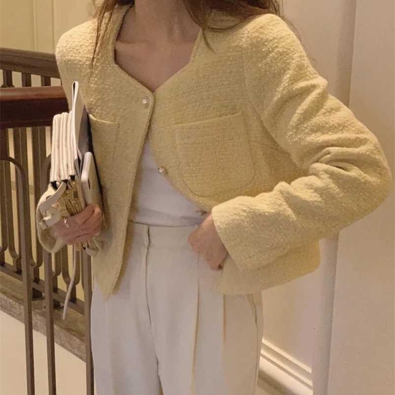 Women's Jackets Korean square neck pearl pocket decoration long sleeved tweed jacket 231006