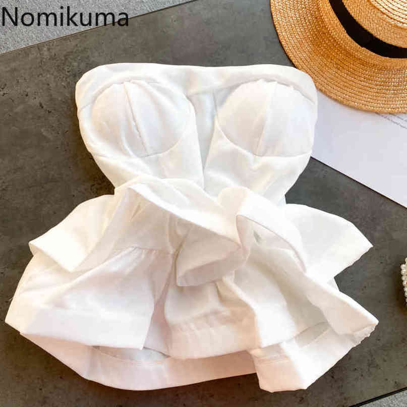 Nomikuma Spring Sexy Sleeveless Slash Neck Strapless Blouse Shirt Korean Slim Waist Ruffle Short Top New Blusas Mujer 6D903 210427