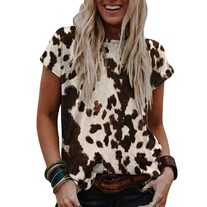 Women's Vintage Animal Print Crew Neck T - Shirt, Milk Silk Casual Versatile Short Sleeve Top for Outdoor & Vacation-CF52861