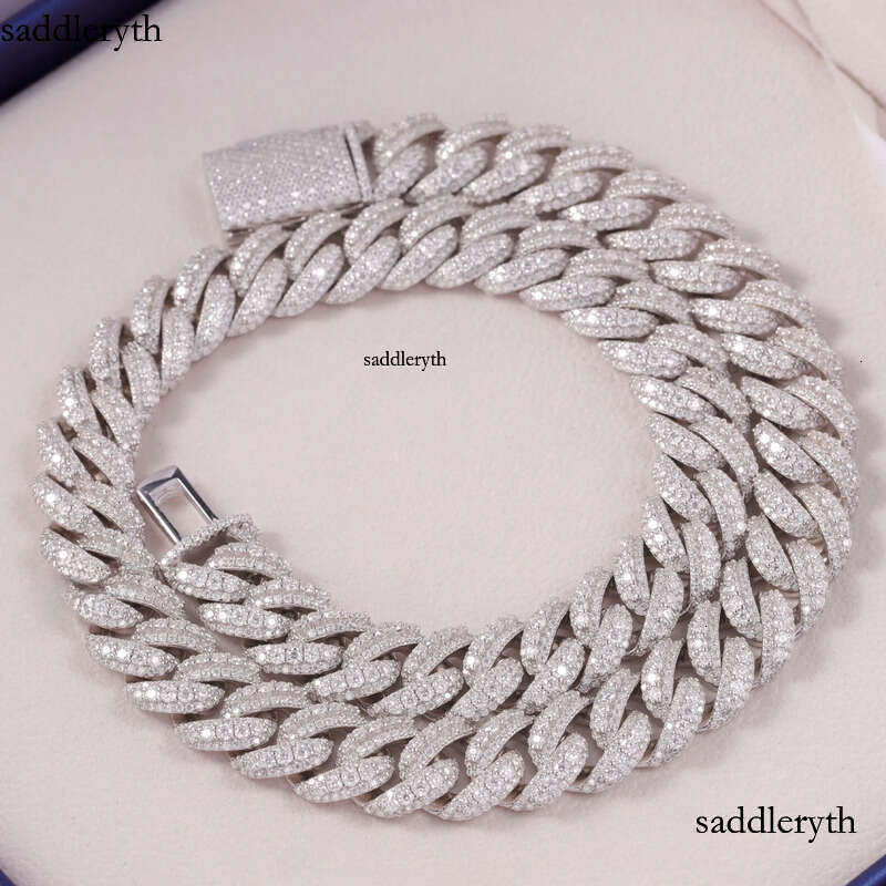 Handmade Jewelry 14mm 18mm 3row Hip Hop Necklace Sterg Sier with Round Brilliant Cut Moissanite Cuban Chain