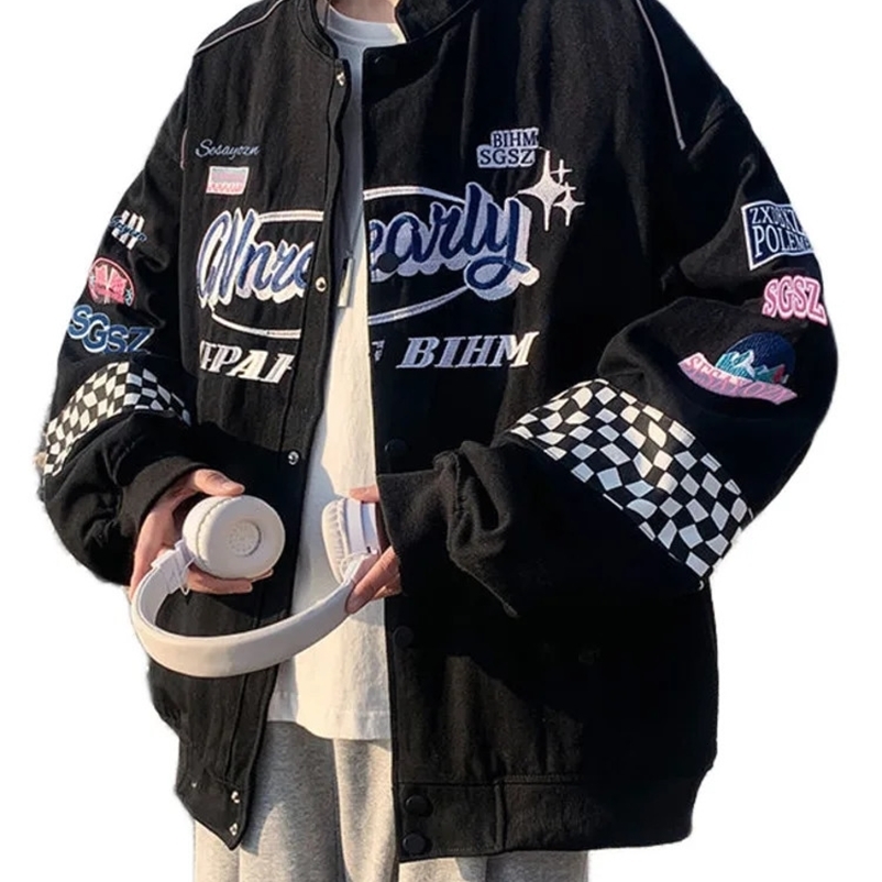 Embroidery Fashion Streetwear Racer Jackets Men Women Y2K HipHop Motorcycle Plaid Vintage Bomber Harajuku Autumn Jackets Coat 240530
